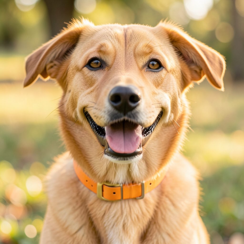 A close-up of a happy dog with a bright collar looking toward the camera, soft natural light, warm and friendly mood