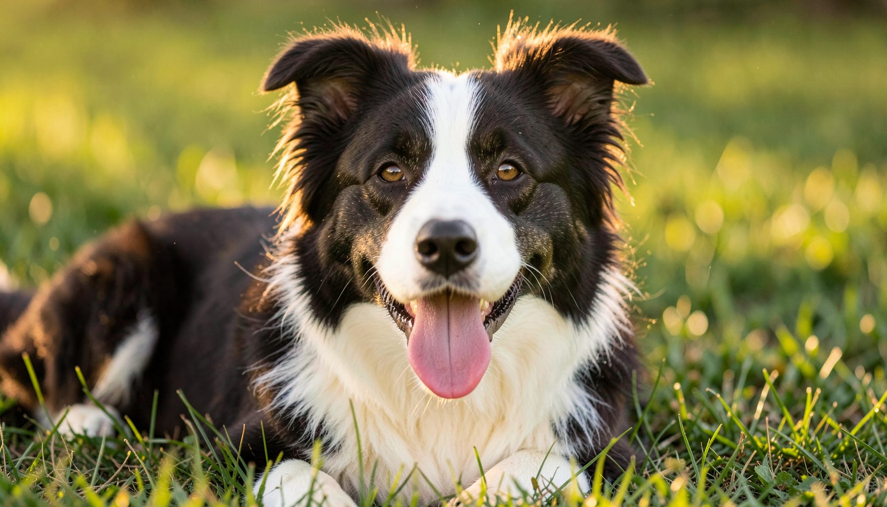 A warm, softly lit close-up of a happy border collie resting after an agility run, tongue out and eyes bright, with a blurred green grass background and golden afternoon light.