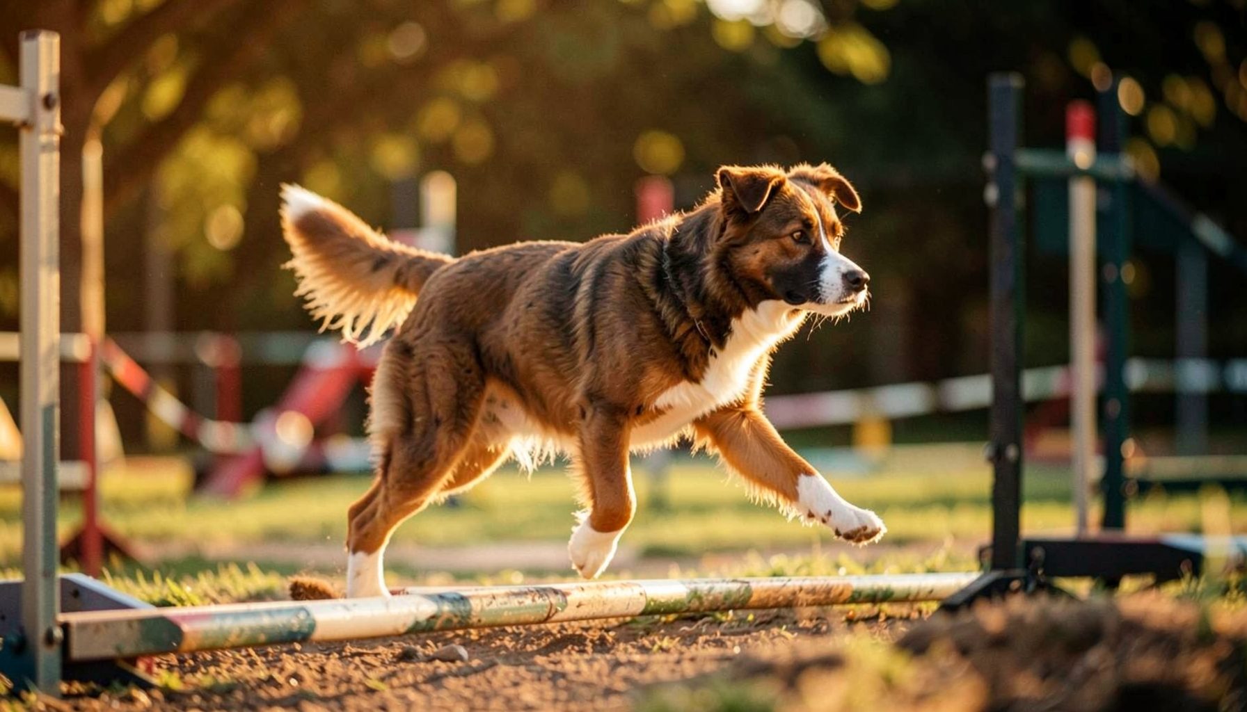 A warm, softly lit scene of a dog mid-stride on an agility course, rich browns and greens in the background, conveying focus and motion.