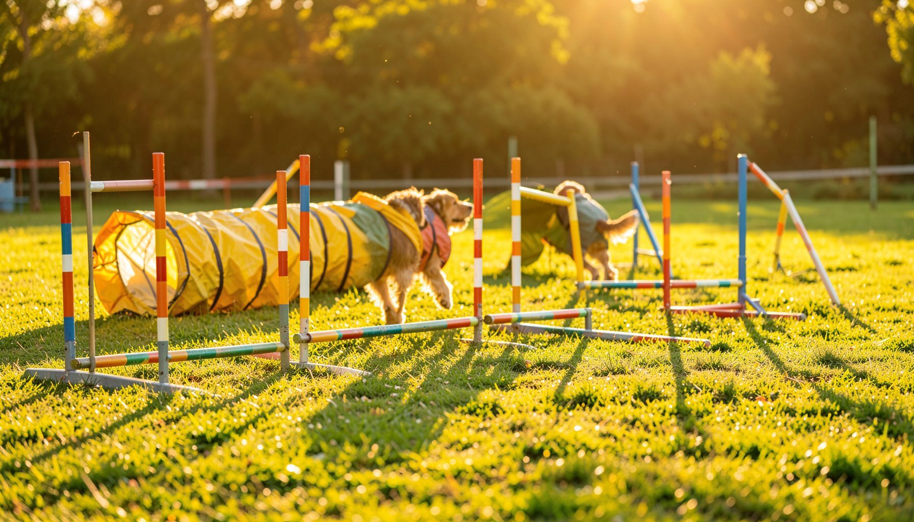 A sunlit dog agility course with weave poles and a tunnel on green grass, warm golden light, energetic and inviting atmosphere