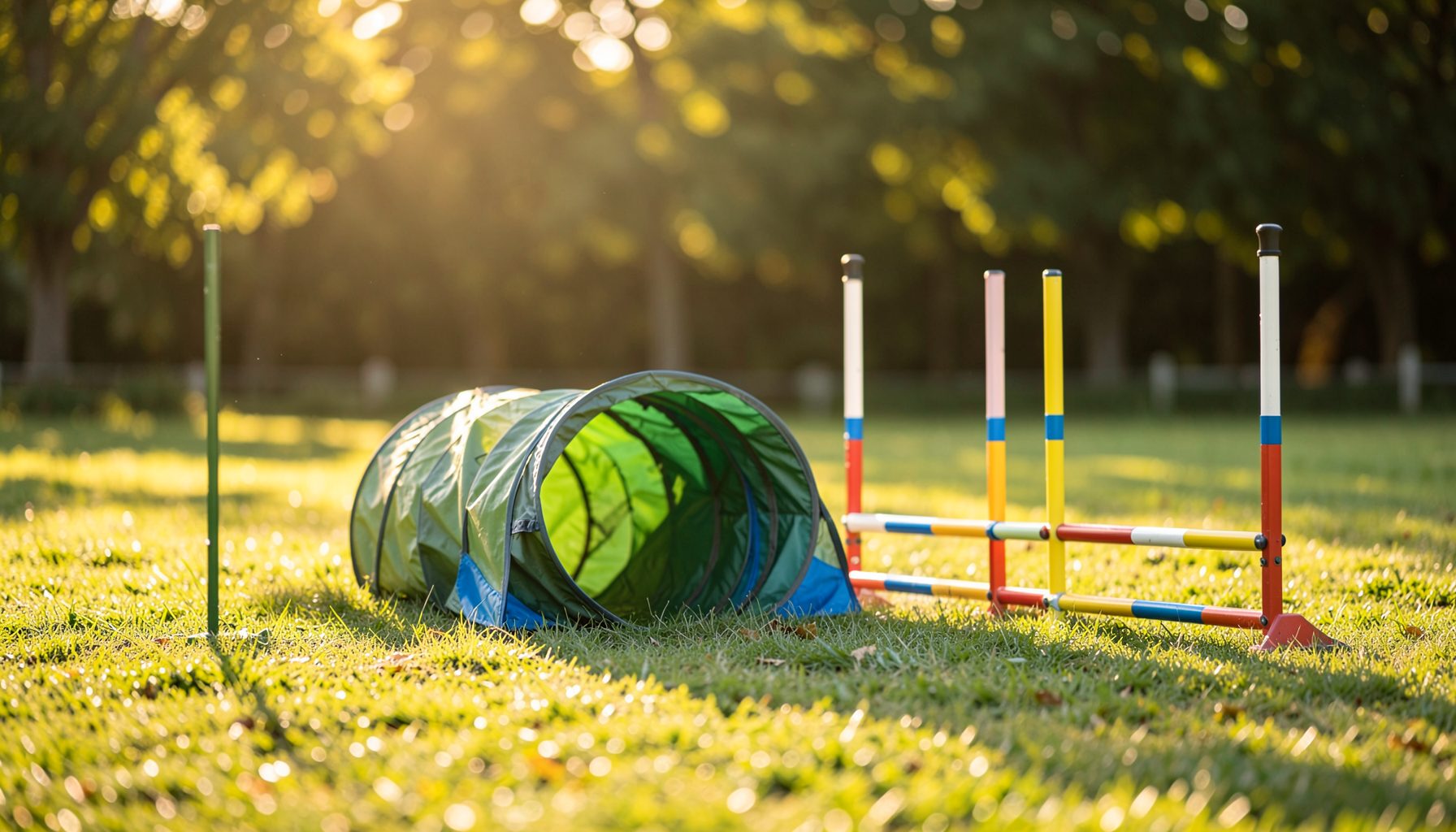 A sunlit outdoor dog agility course with a tunnel and weave poles on green grass, warm golden afternoon light, soft bokeh background of trees