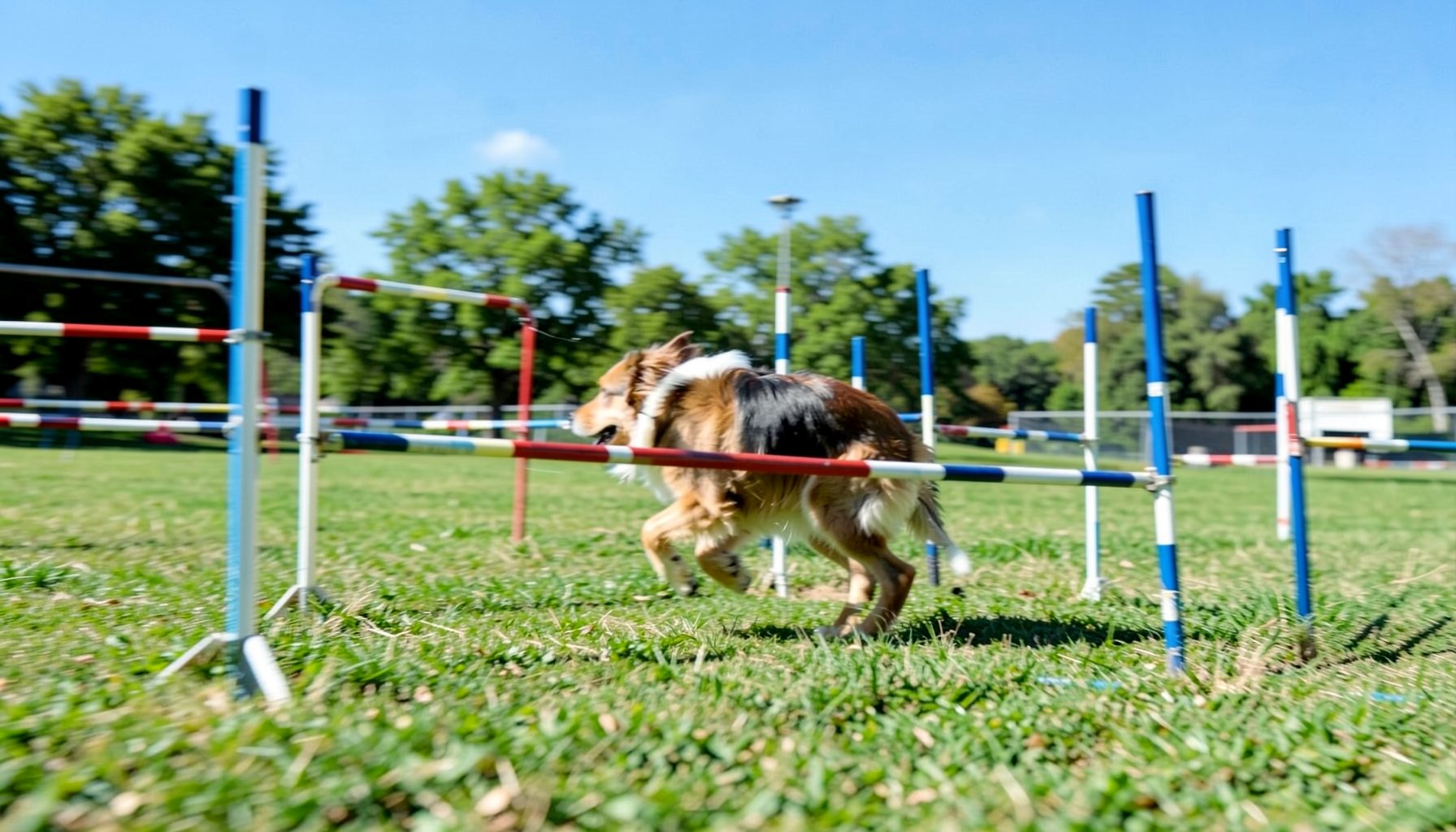 A dog weaving through agility poles on a sunny outdoor course, motion blur suggesting speed, green grass and blue sky