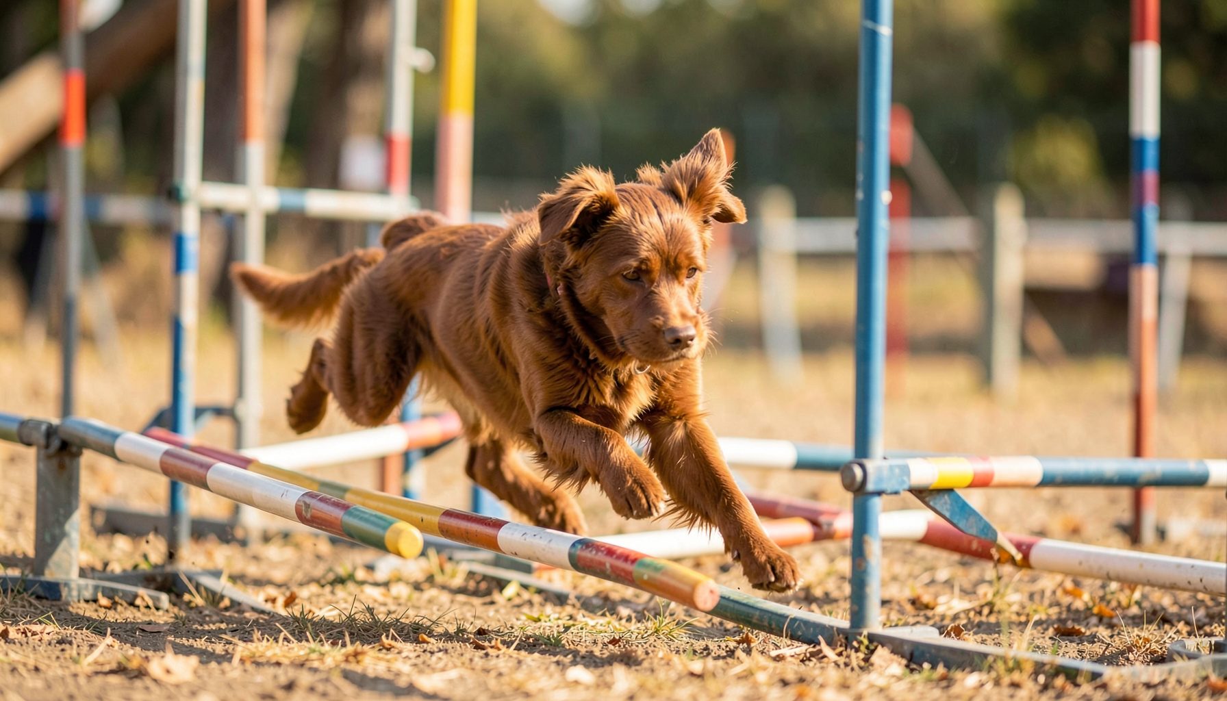 A medium-sized brown dog weaving through agility poles with focus and speed, soft natural daylight, warm earthy tones