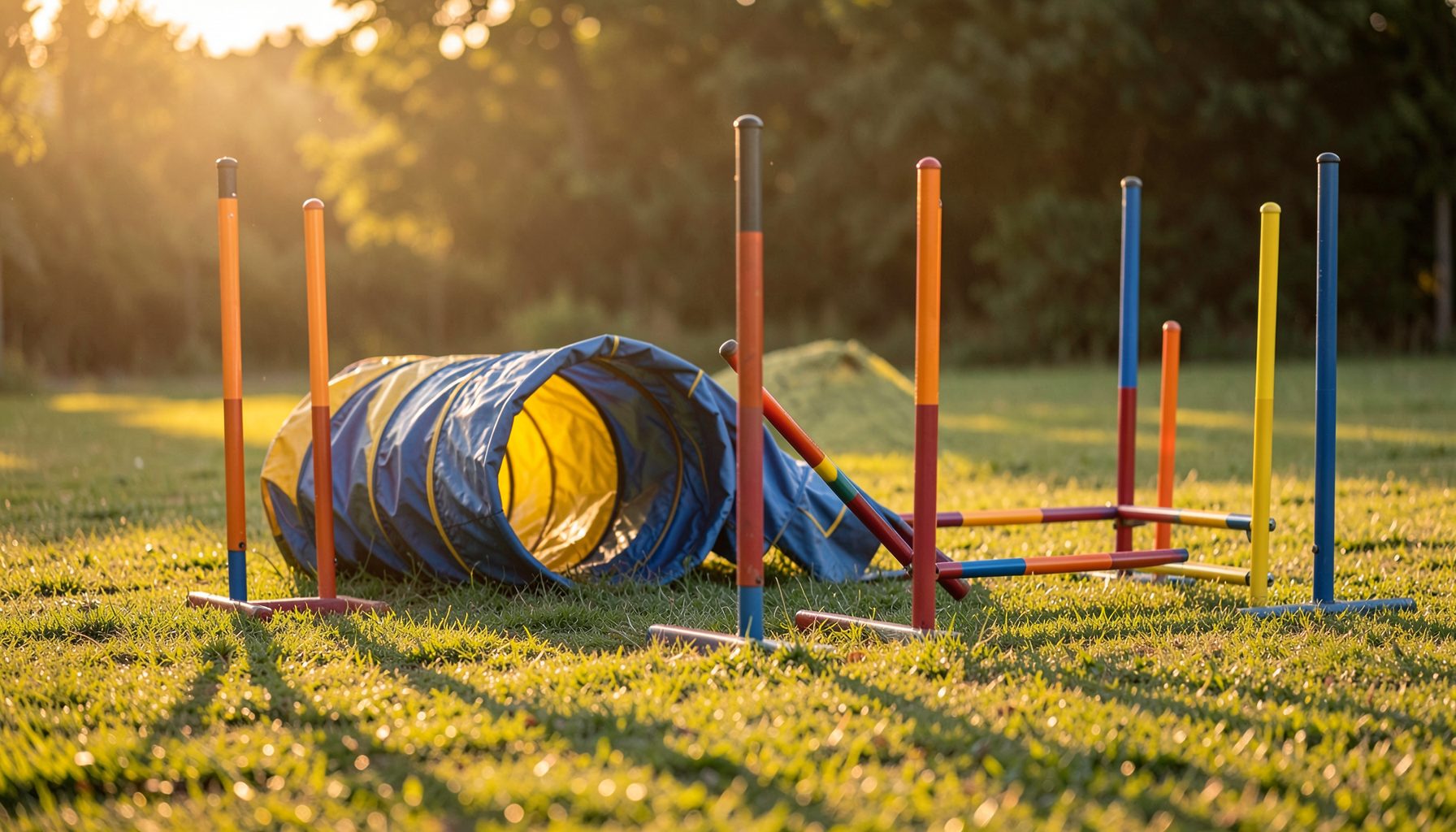 A warm, softly lit scene of a dog agility course on green grass with a tunnel and weave poles, golden afternoon light, calm and inviting atmosphere